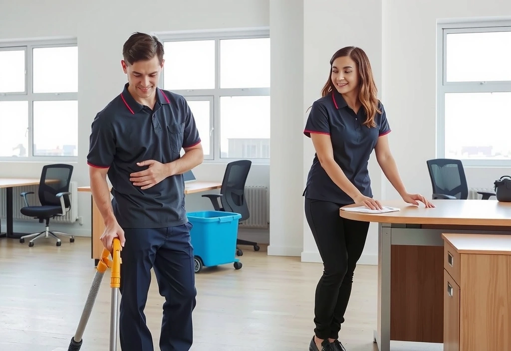 Imagine cu o echipă de curățenie care lucrează într-un birou