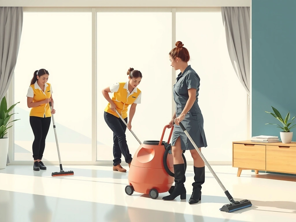Ilustrație cu o echipă de curățenie care lucrează într-un mediu curat și ordonat, simbolizând eficiența și profesionalismul