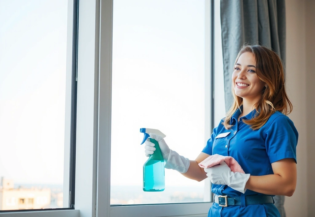 Femeie zâmbitoare curățând o fereastră cu spray și lavetă