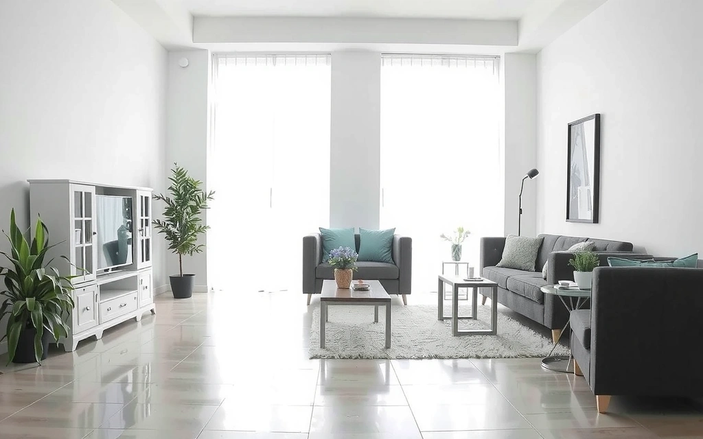 Interiorul unei case curate și luminoase, cu mobilier modern și elemente decorative, sugerând un mediu proaspăt curățat.