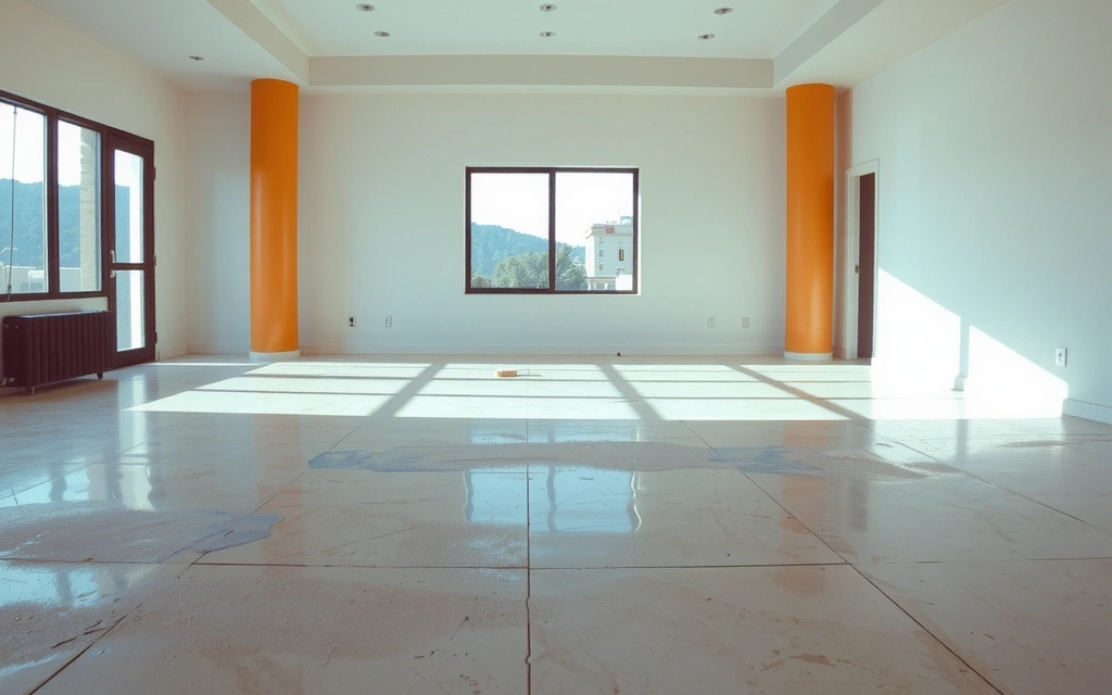 Un spațiu interior după finalizarea construcției, care a fost curățat profesional, cu suprafețe lustruite și fără reziduuri, gata de ocupare.