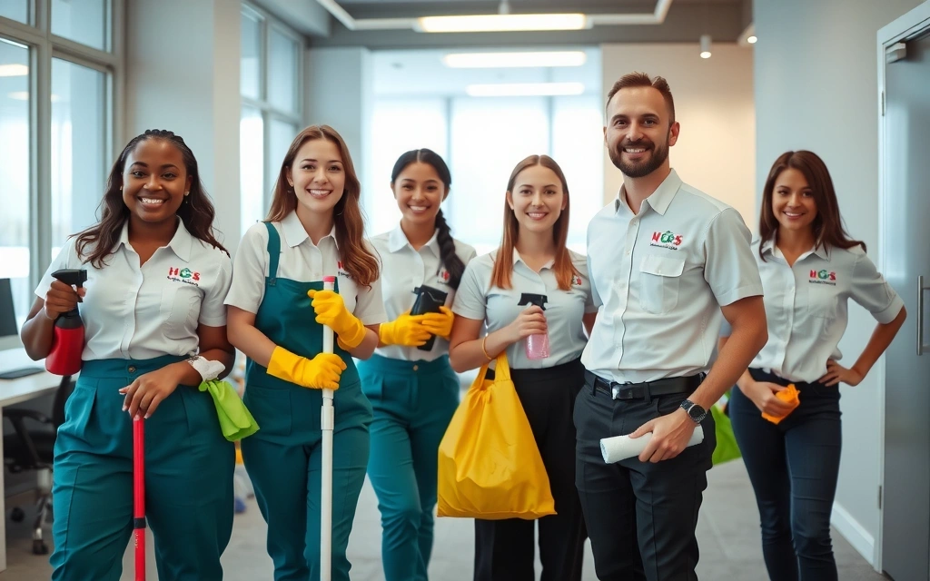 A team of professional cleaners smiling, holding cleaning supplies in a modern, clean office environment, symbolizing reliability and quality service.