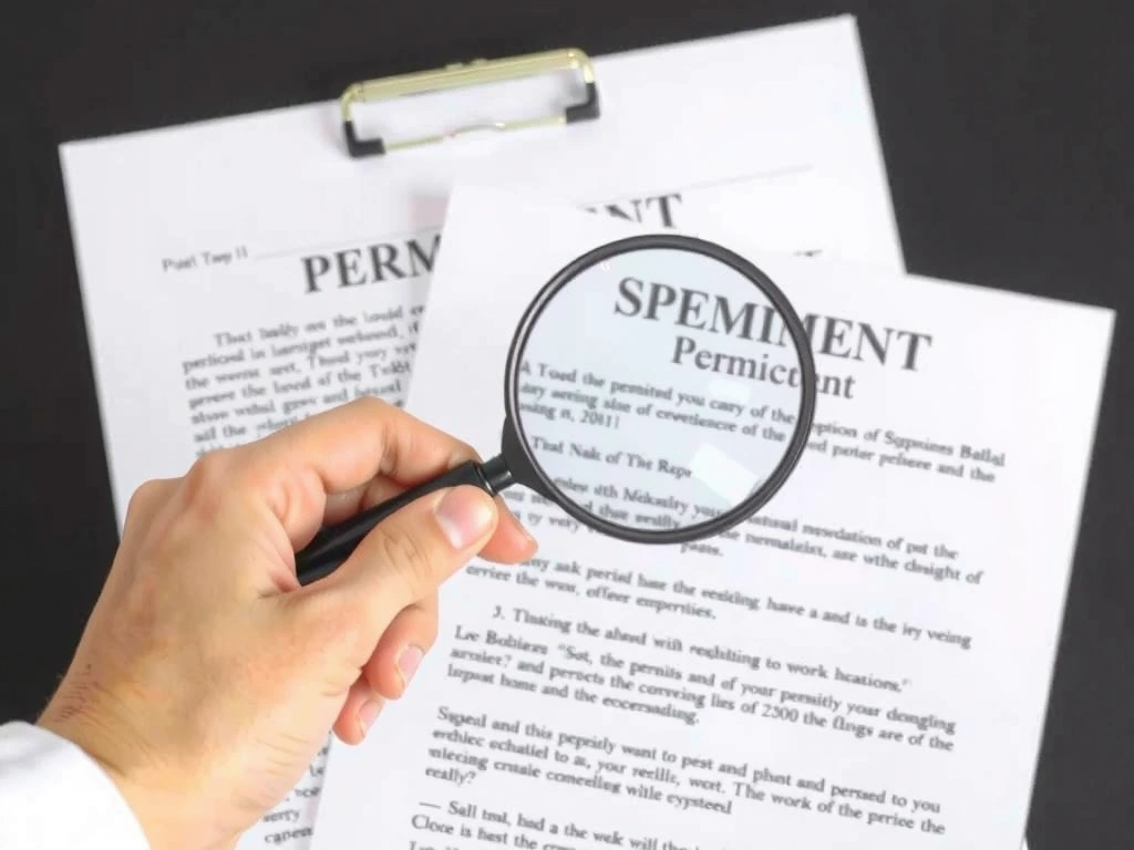 O mână care ține o lupă deasupra unui document, simbolizând examinarea și utilizarea permisă